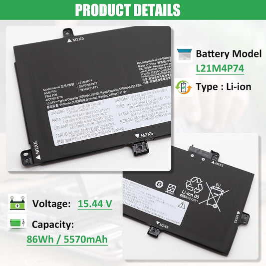 L21M4P74 Laptop Battery Replacement for Lenovo ThinkPad T16 Gen 1 ThinkPad T16 Gen 2 ThinkPad P16s Gen 1 Gen 2 Series Notebook L21D4P73 L21M4P73 L21C4P72 L21D4P72 L21L4P72 15.44V 86Wh