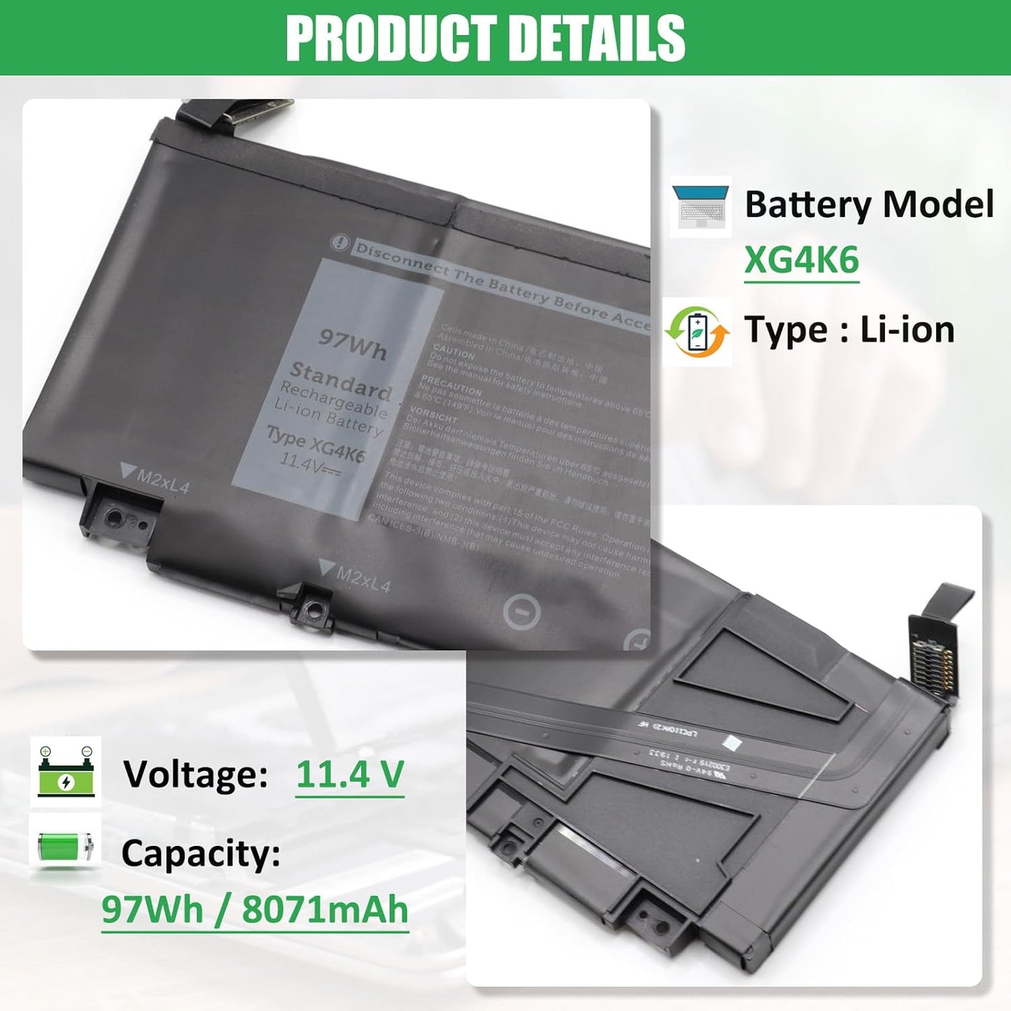 XG4K6 Laptop Battery Replacement for Dell XPS 17 9700 9710 9720 9730 Precision 5750 5760 5770 Series P92F P92F001 P92F002 P92F003 01RR3 F8CPG OF8CPG 5XJ6R KVPMY 0YY3V KRDHV 11.4V 97Wh 8071mAh
