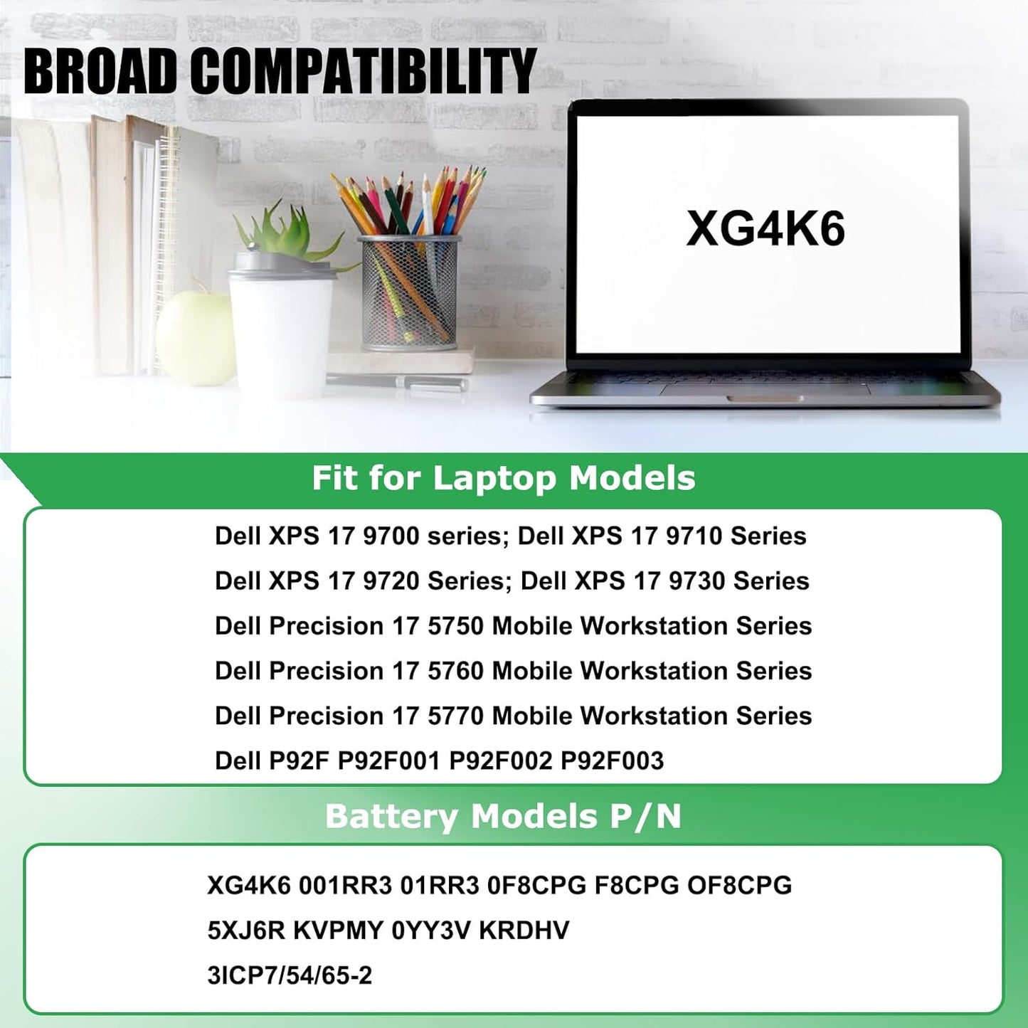 XG4K6 Laptop Battery Replacement for Dell XPS 17 9700 9710 9720 9730 Precision 5750 5760 5770 Series P92F P92F001 P92F002 P92F003 01RR3 F8CPG OF8CPG 5XJ6R KVPMY 0YY3V KRDHV 11.4V 97Wh 8071mAh