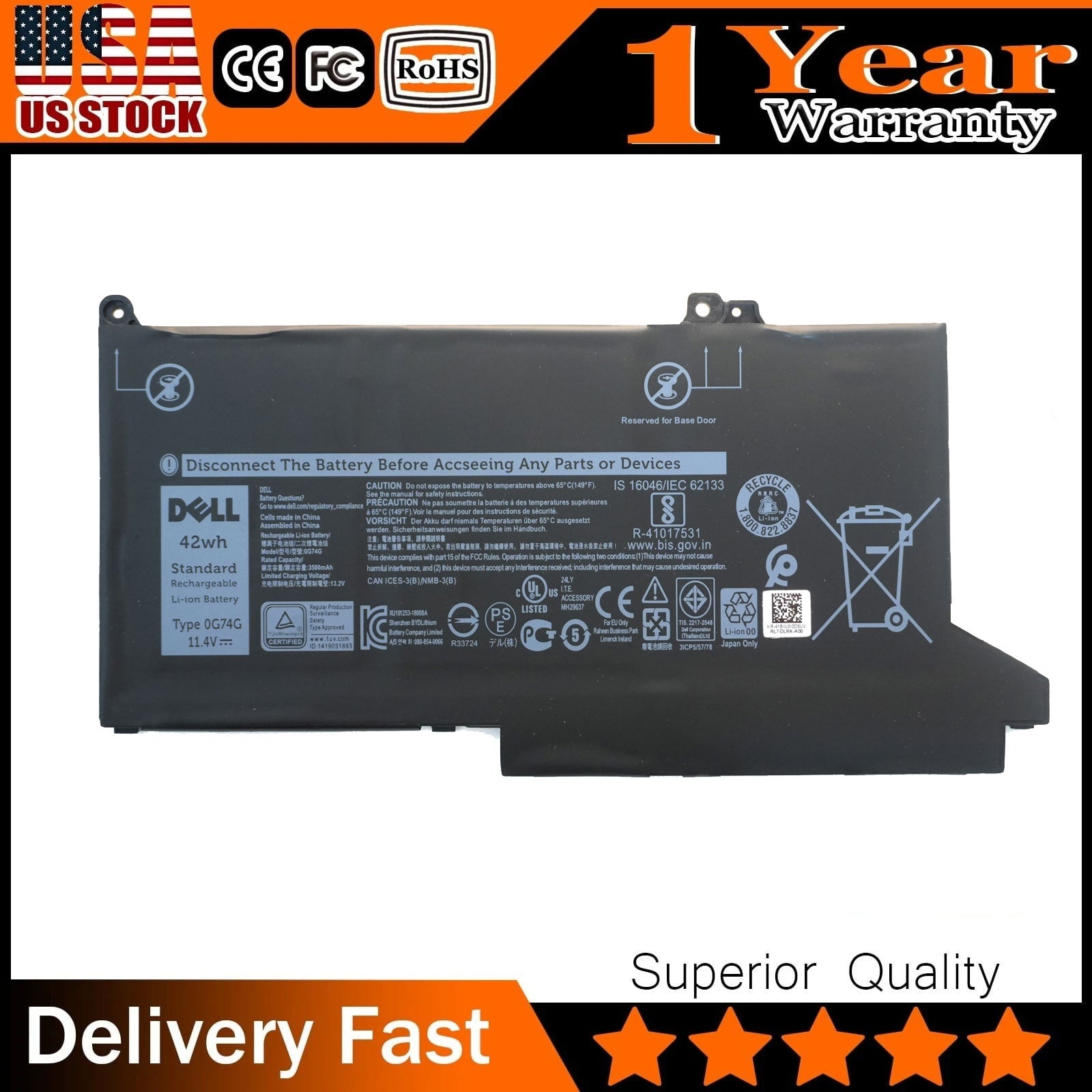 GENUINE Dell Laptop Battery 0G74G | For Latitude 5300 2-in-1, 5310, 7300, 7400 | 42Wh