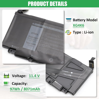 XG4K6 Laptop Battery Replacement for Dell XPS 17 9700 9710 9720 9730 Precision 5750 5760 5770 Series P92F P92F001 P92F002 P92F003 01RR3 F8CPG OF8CPG 5XJ6R KVPMY 0YY3V KRDHV 11.4V 97Wh 8071mAh