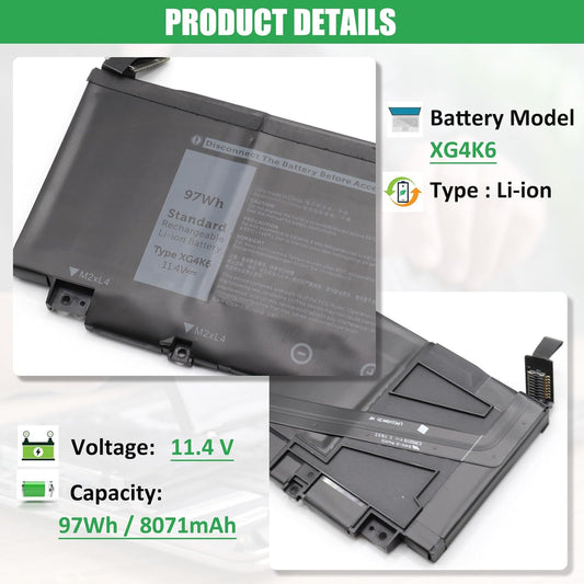XG4K6 Laptop Battery Replacement for Dell XPS 17 9700 9710 9720 9730 Precision 5750 5760 5770 Series P92F P92F001 P92F002 P92F003 01RR3 F8CPG OF8CPG 5XJ6R KVPMY 0YY3V KRDHV 11.4V 97Wh 8071mAh