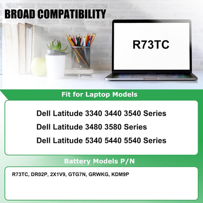 R73TC DR02P Laptop Battery Replacement for Dell Latitude 3340 3440 3540 3480 3580 5340 5440 5540 Series Notebook 2X1V9 GTG7N GRWKG KDM9P 11.4V 54Wh 4623mAh
