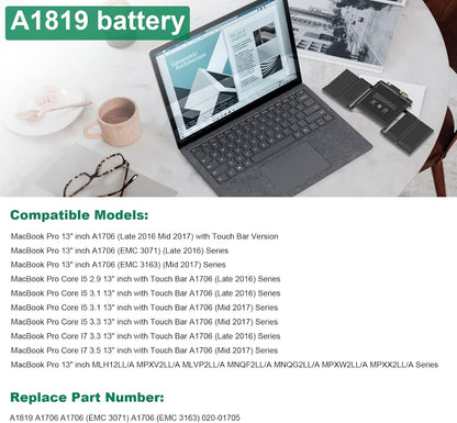 New Genuine A1819 OEM Battery for Apple MacBook Pro 13" A1706 Late 2016 Mid 2017
