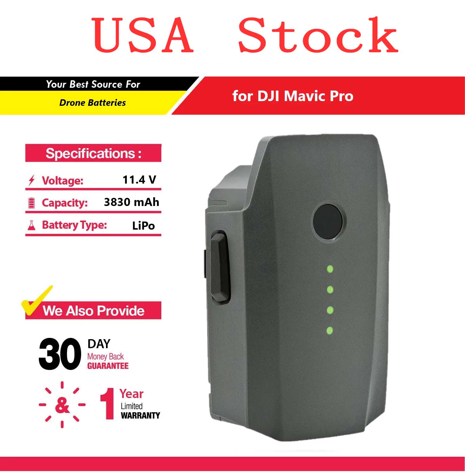 11.4V 3830mAh 43.6Wh DJI Mavic Pro Intelligent Flight Battery Replacement