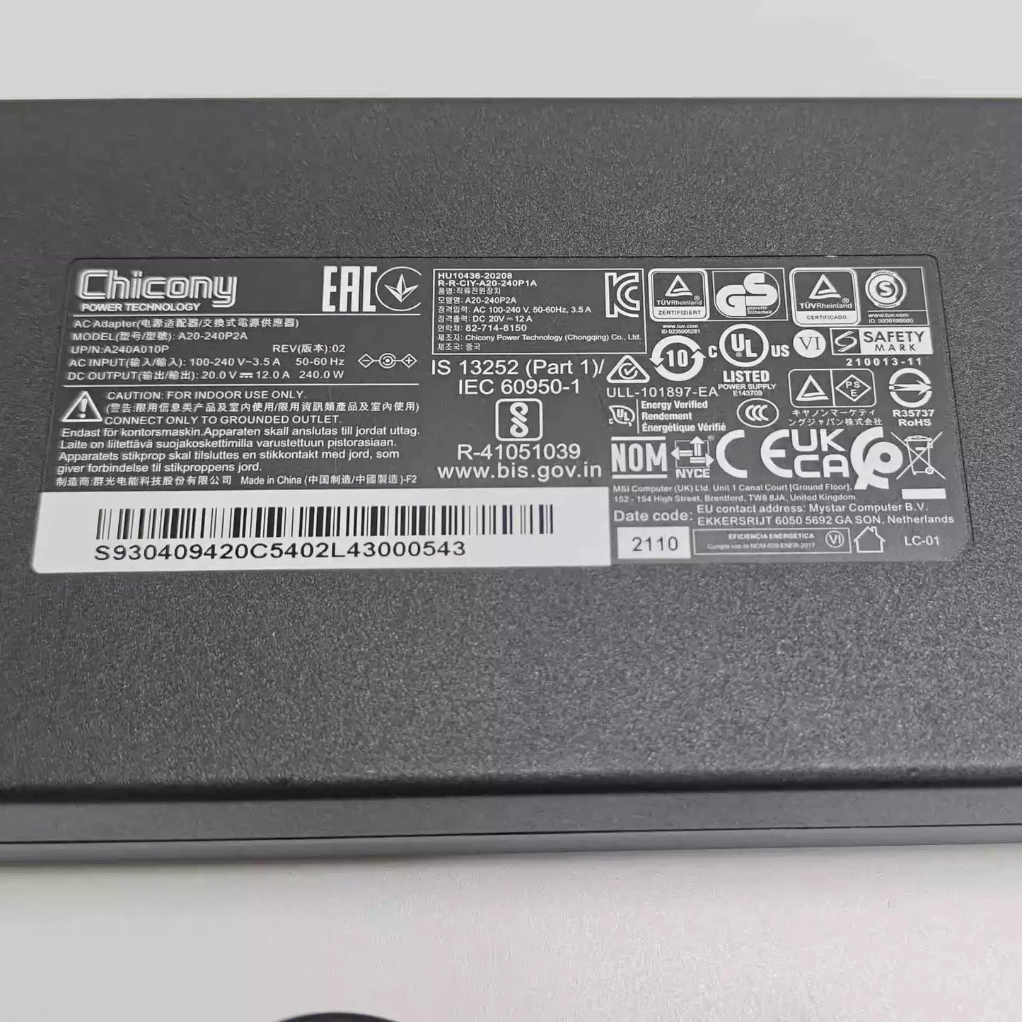Genuine Chicony A20-240P2A 240W Charger for MSI Pulse GL66 12UGKV-464 Gaming Laptop