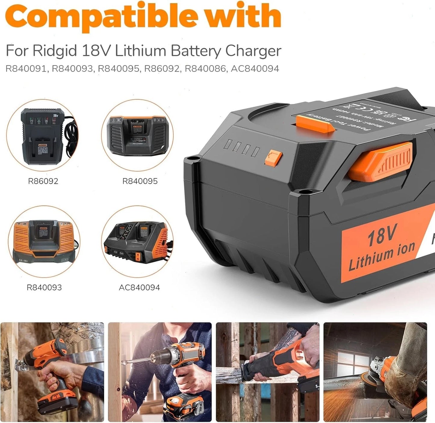 2 Pack 8.0Ah 18V Battery for Ridgid R840085 R840087