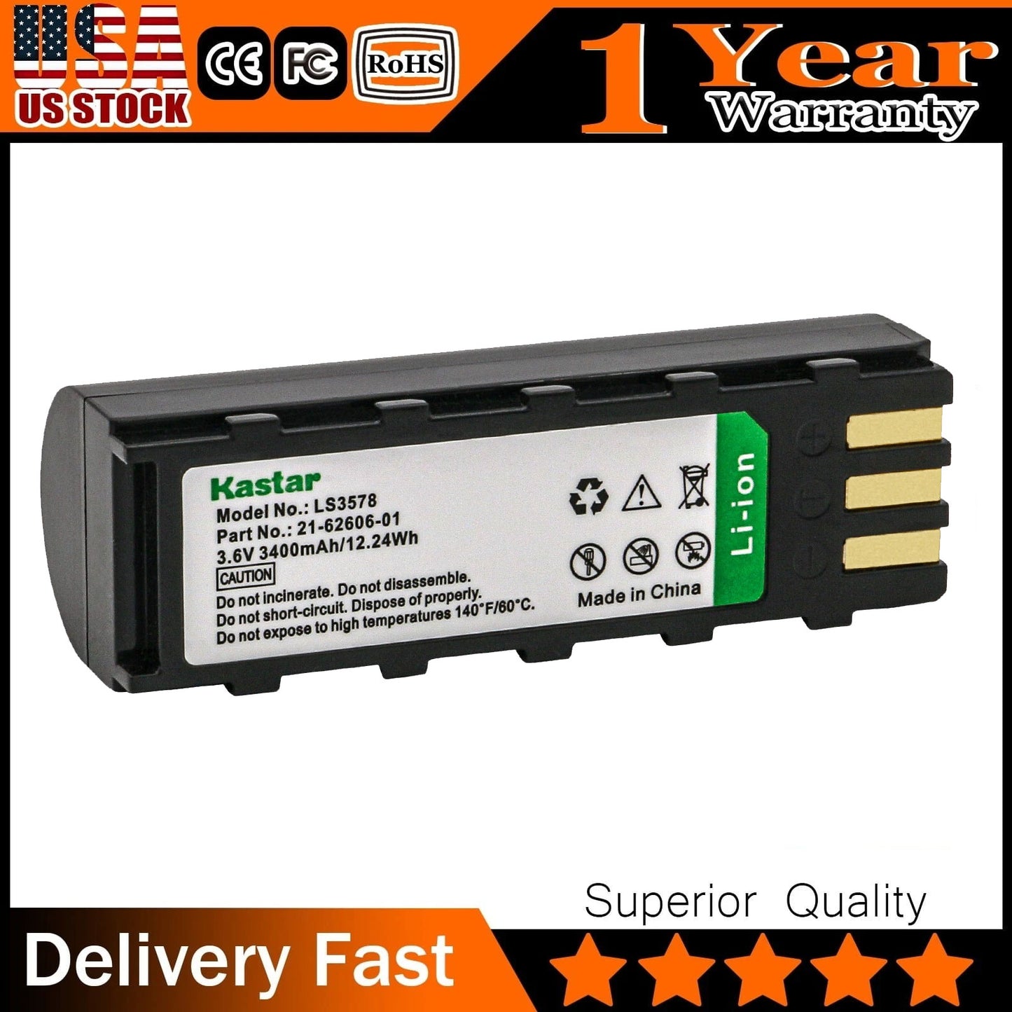 Motorola 21-62606-01 Compatible Battery - Kastar Replacement Pack for Symbol LS3478, DS3578