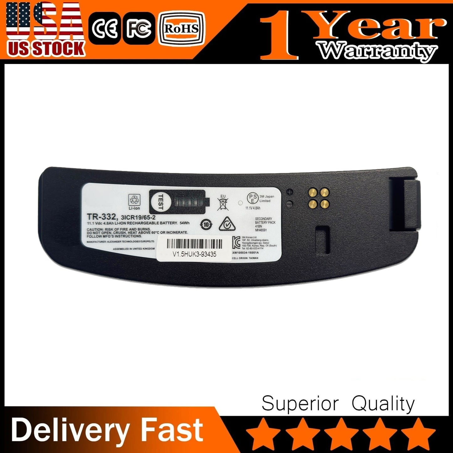 Genuine TR332 (TR-332) Battery for 3M Versaflo Systems - 54Wh, 4800mAh, 11.1V