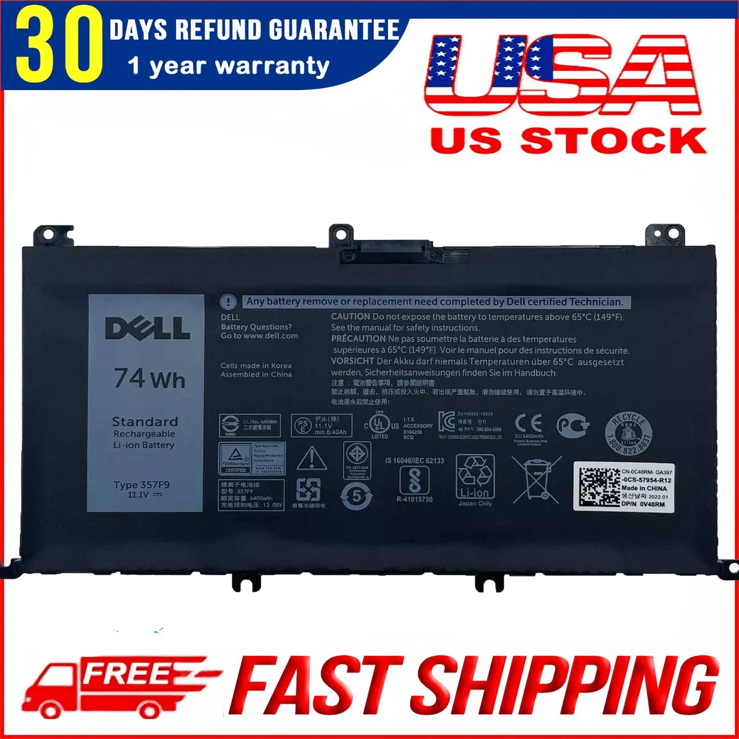 DELL 357F9 74Wh 6-Cell Rechargeable Battery For DELL Inspiron 15 5000 Gaming 5576,5577 ,Inspiron 15 7000 Gaming 7557,7559,7566,7567 Laptops ,Alternant Part Number: 357F9 71JF4 0GFJ6 071FJ4 00GFJ6 P65F