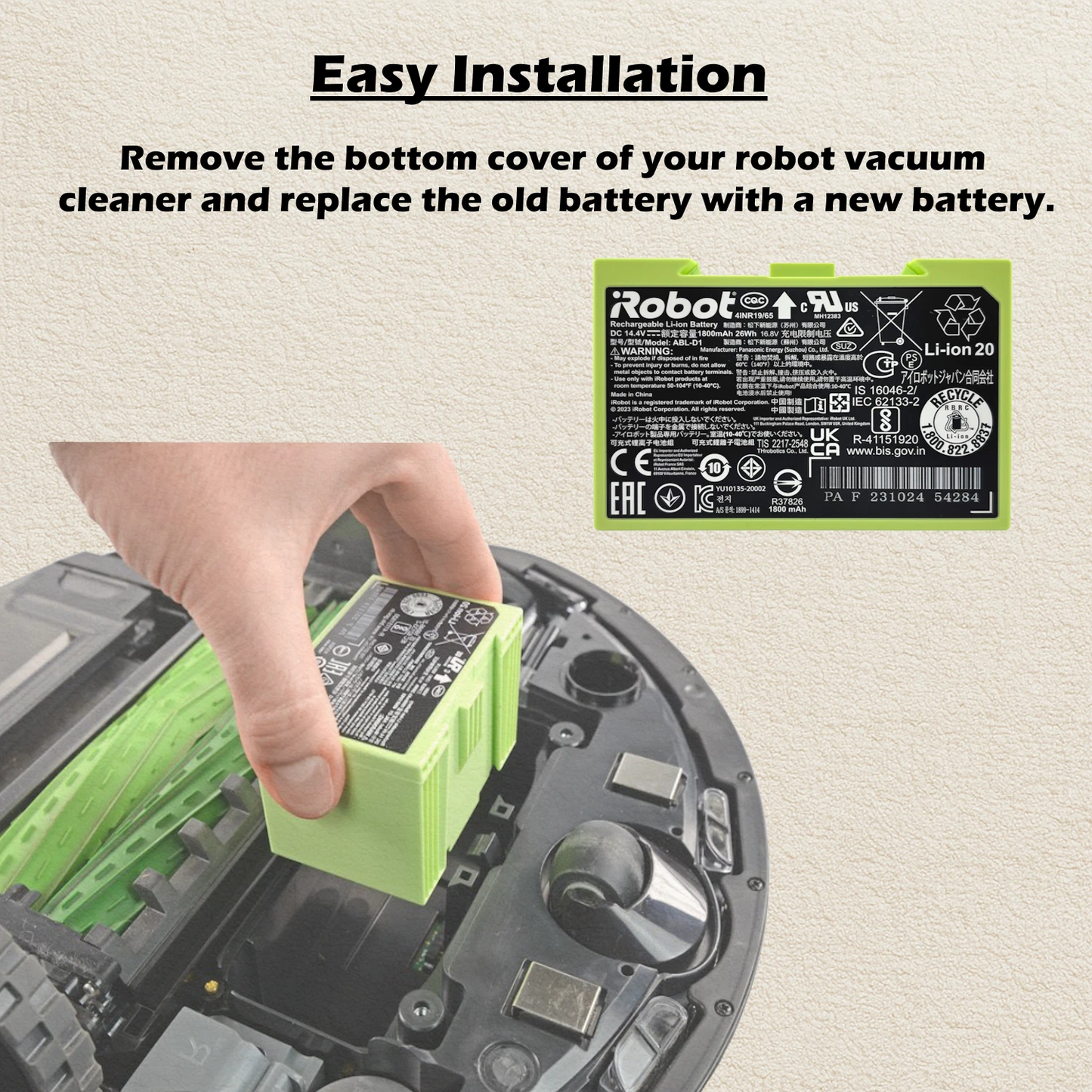 Roomba i7+ Battery Replacement ABL-D1 14.4V - Also Compatible with i3, i8+, J7+, e5, e6, J6 Series