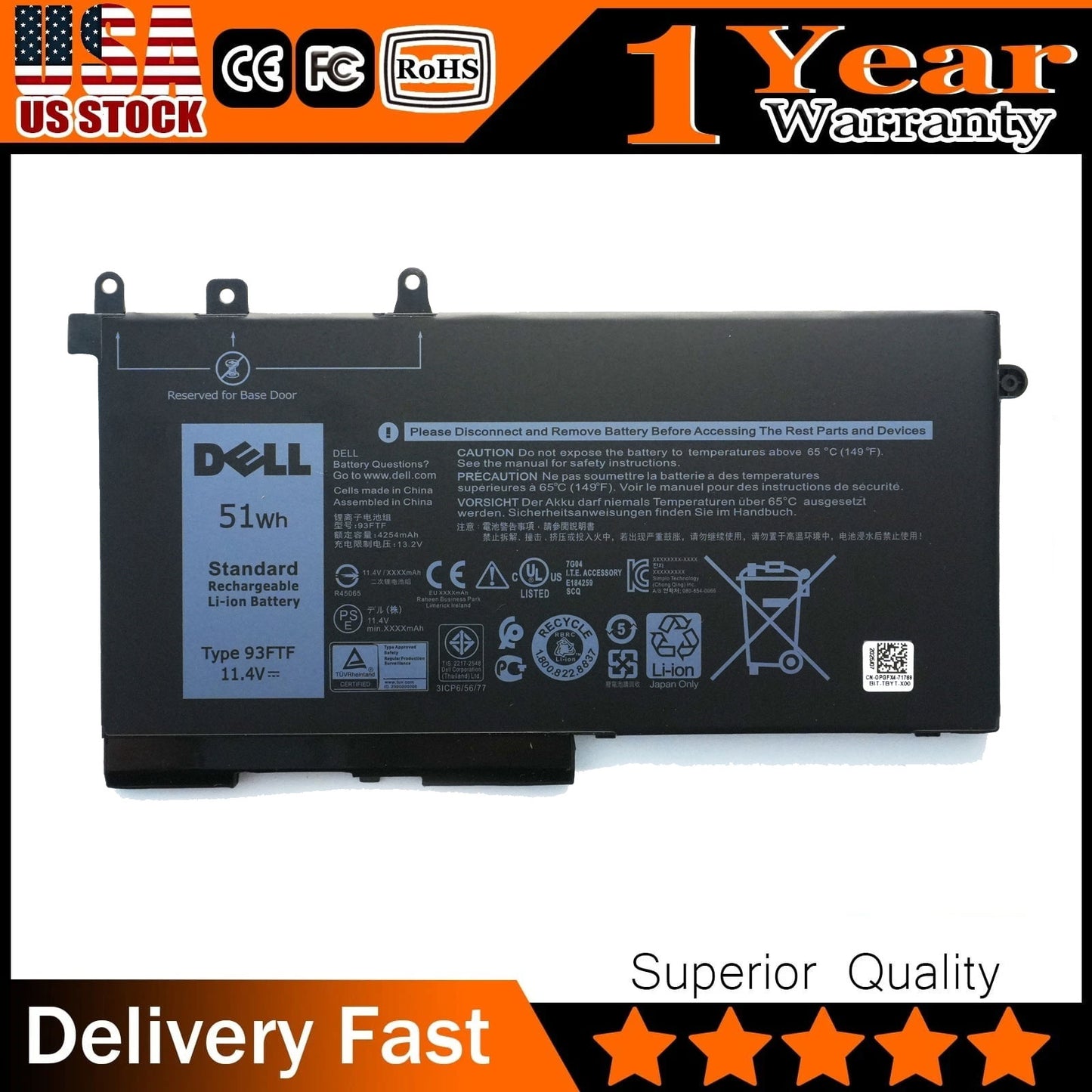 Original Dell 93FTF 51Wh Replacement Battery for Latitude 5280/90, 5480/90, 5580/90 & Precision 3520/30