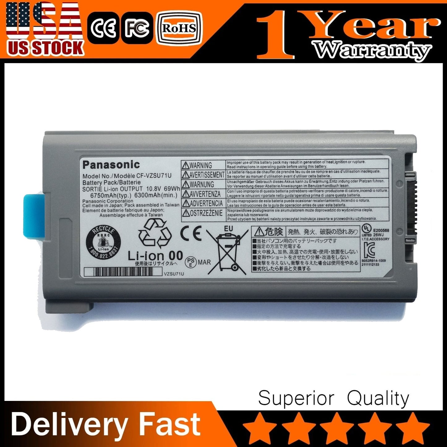 Genuine Replacement Battery for Panasonic Toughbook CF-30, CF-31, CF-52, and CF-53 Rugged Laptops