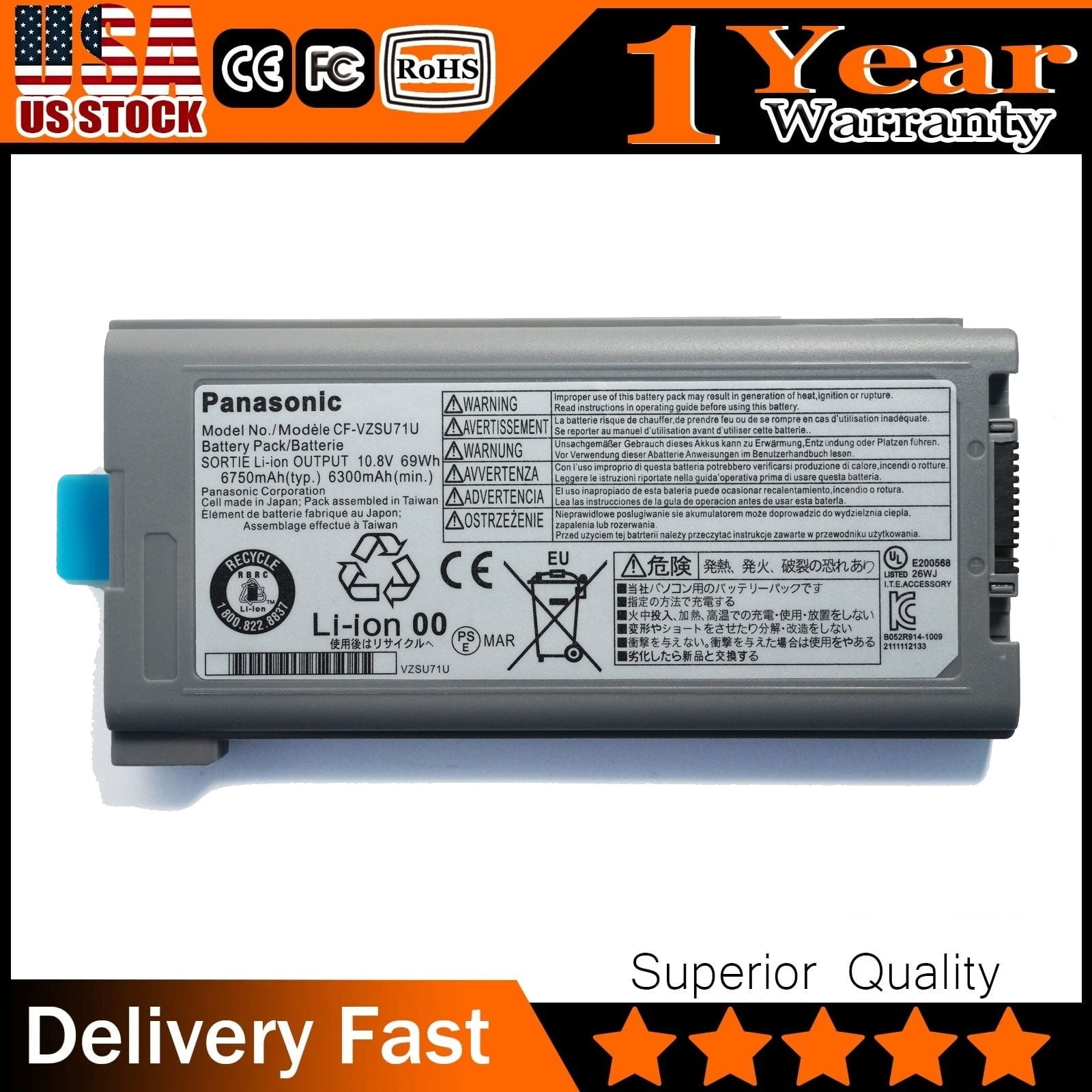 Genuine Replacement Battery for Panasonic Toughbook CF-30, CF-31, CF-52, and CF-53 Rugged Laptops