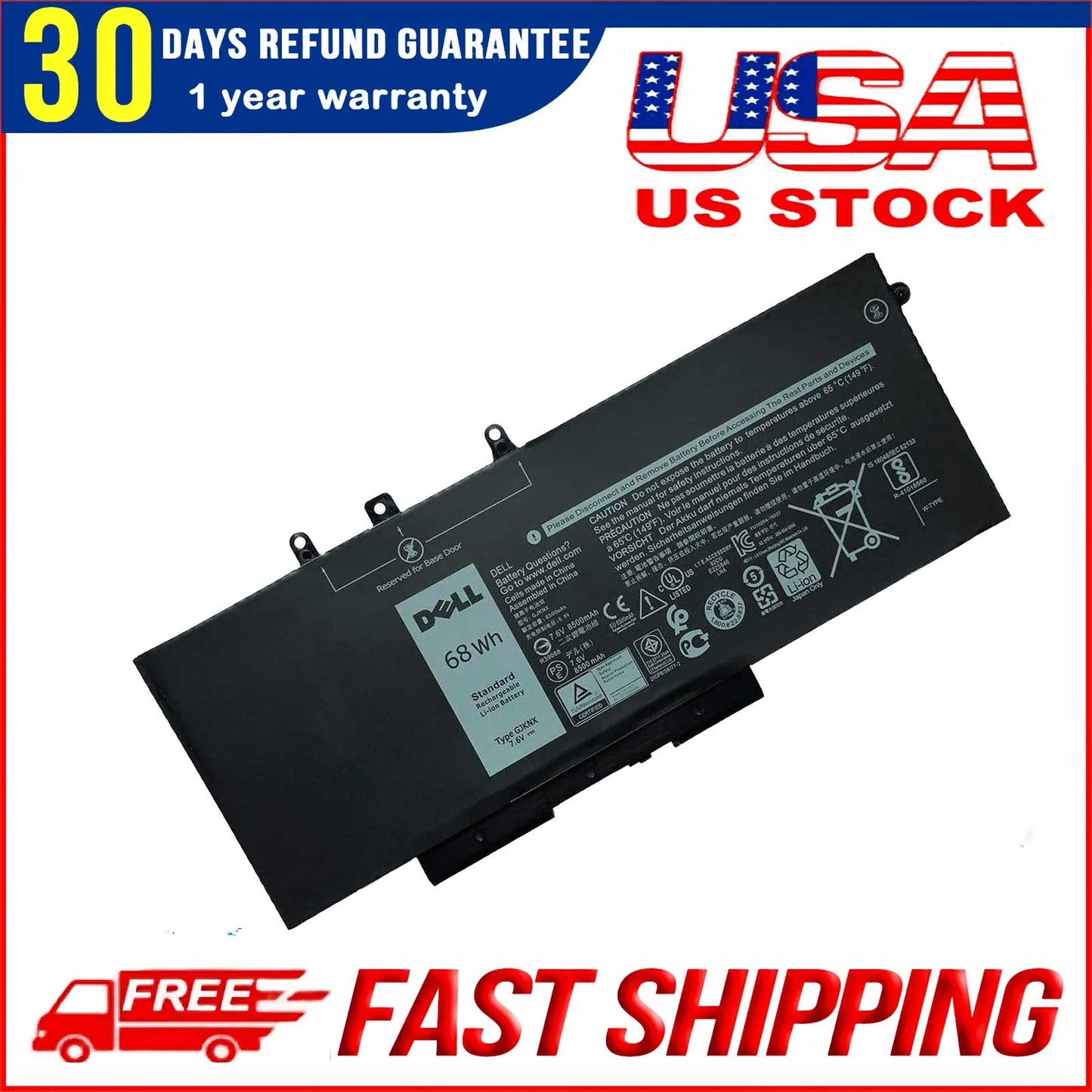 DELL GJKNX 7.6V 68Wh 4-Cell Notebook Battery For DELL Latitude 5280 5290 5480 5490 5491 5495 5580 5590 5591, Precision 3520 Precision 3530 Laptop , Alternant Part Number: 5YHR4 451-BBZG 93FTF 3DDDG