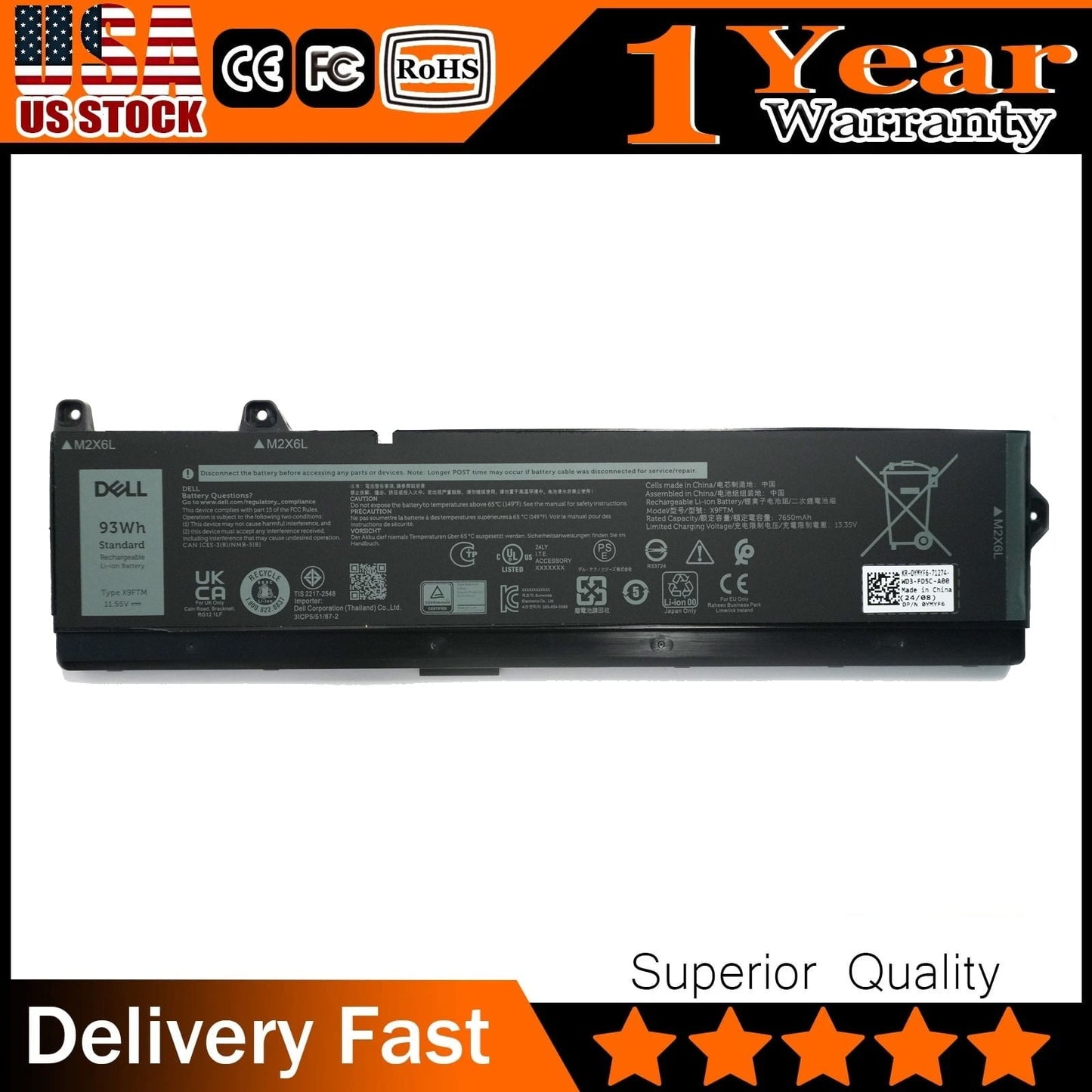 Dell Precision 7770 Battery Replacement Genuine 93Wh X9FTM - 6-Cell OEM Battery for 7670 Laptop